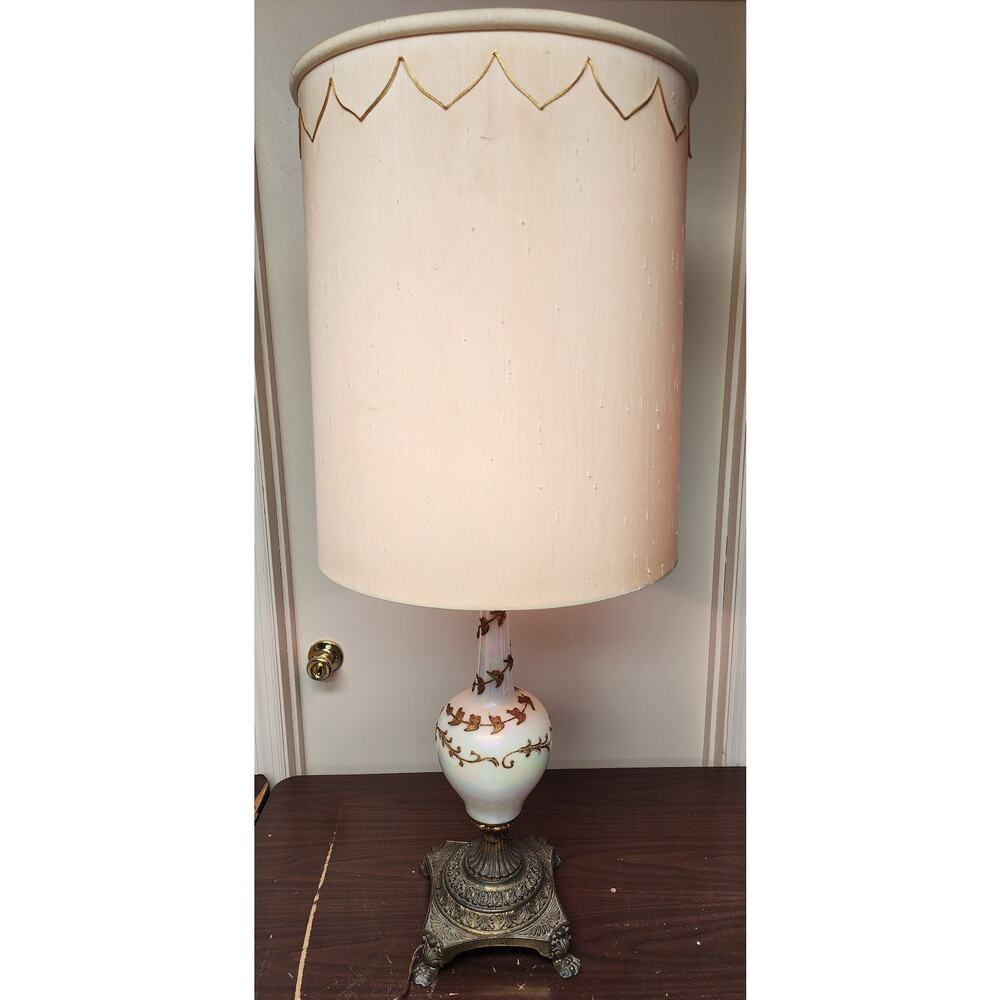 Vintage 41" Claw Foot Lamp White Prismatic Glass Gold Leaves Shade Included